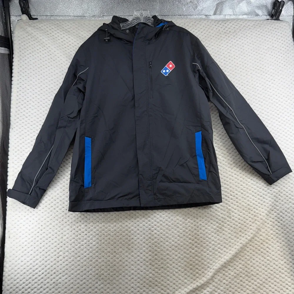 Domino's Gear Hooded Work Jacket Mens Small Black Blue Logo Utility Uniform